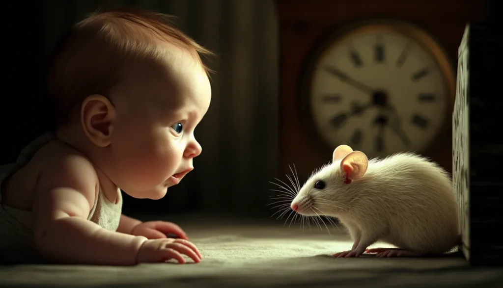 bebê olhando com expressão de medo para um rato branco