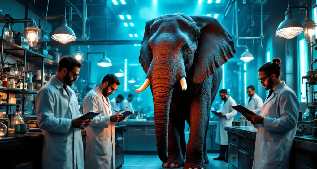 um elefante em um ambiente de laboratório dos anos 60