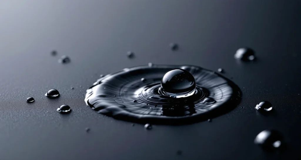 Descobertas Científicas Acidentais, água ou óleo formando gotas perfeitamente esféricas sobre uma superfície de teflon preto