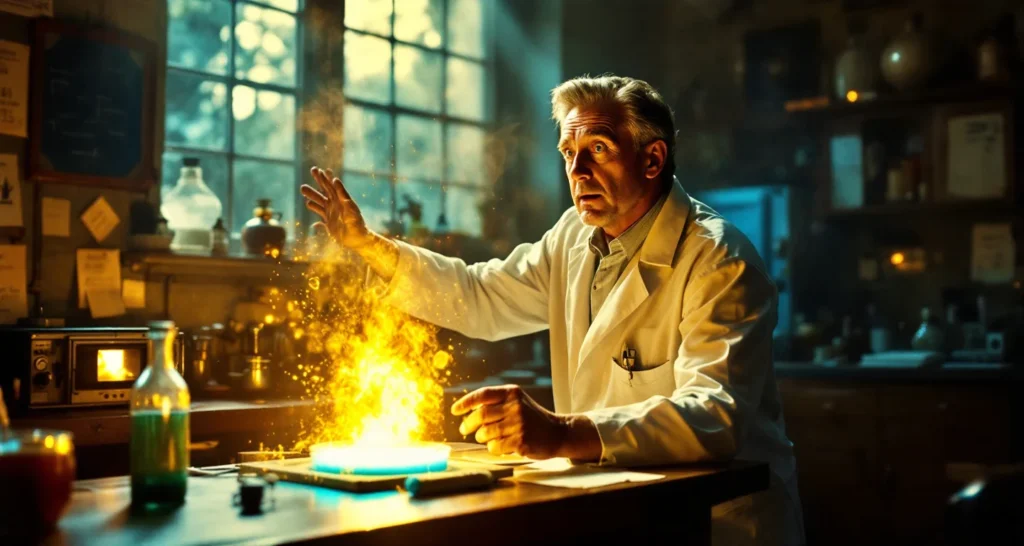 um cientista surpreso em um laboratório iluminado, com expressão de eureka 2