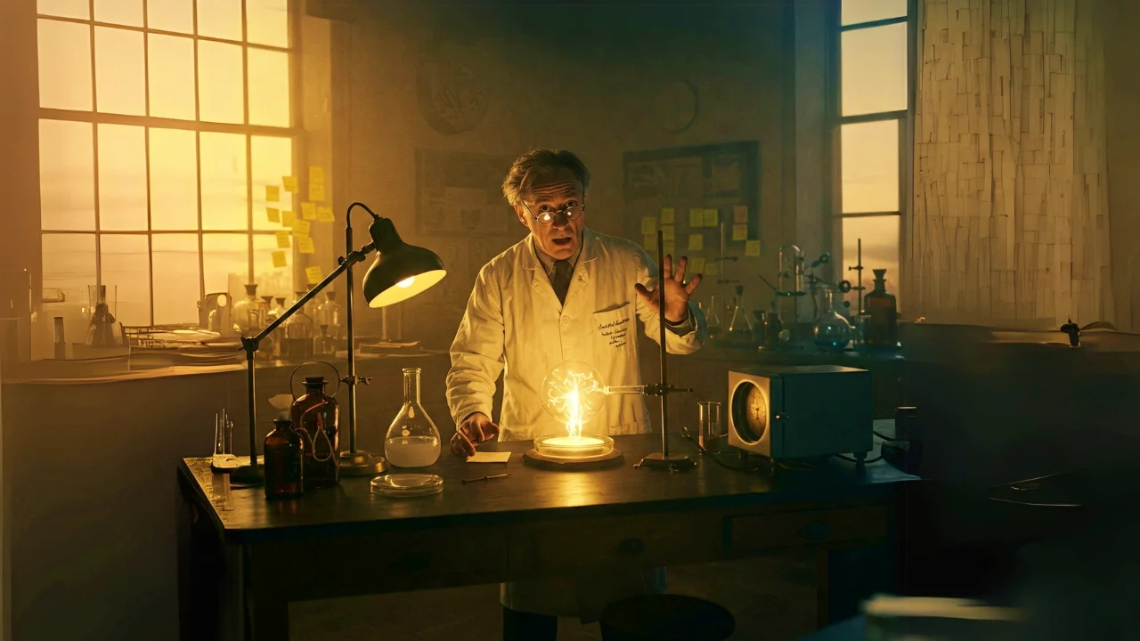 um cientista surpreso em um laboratório iluminado, com expressão de eureka